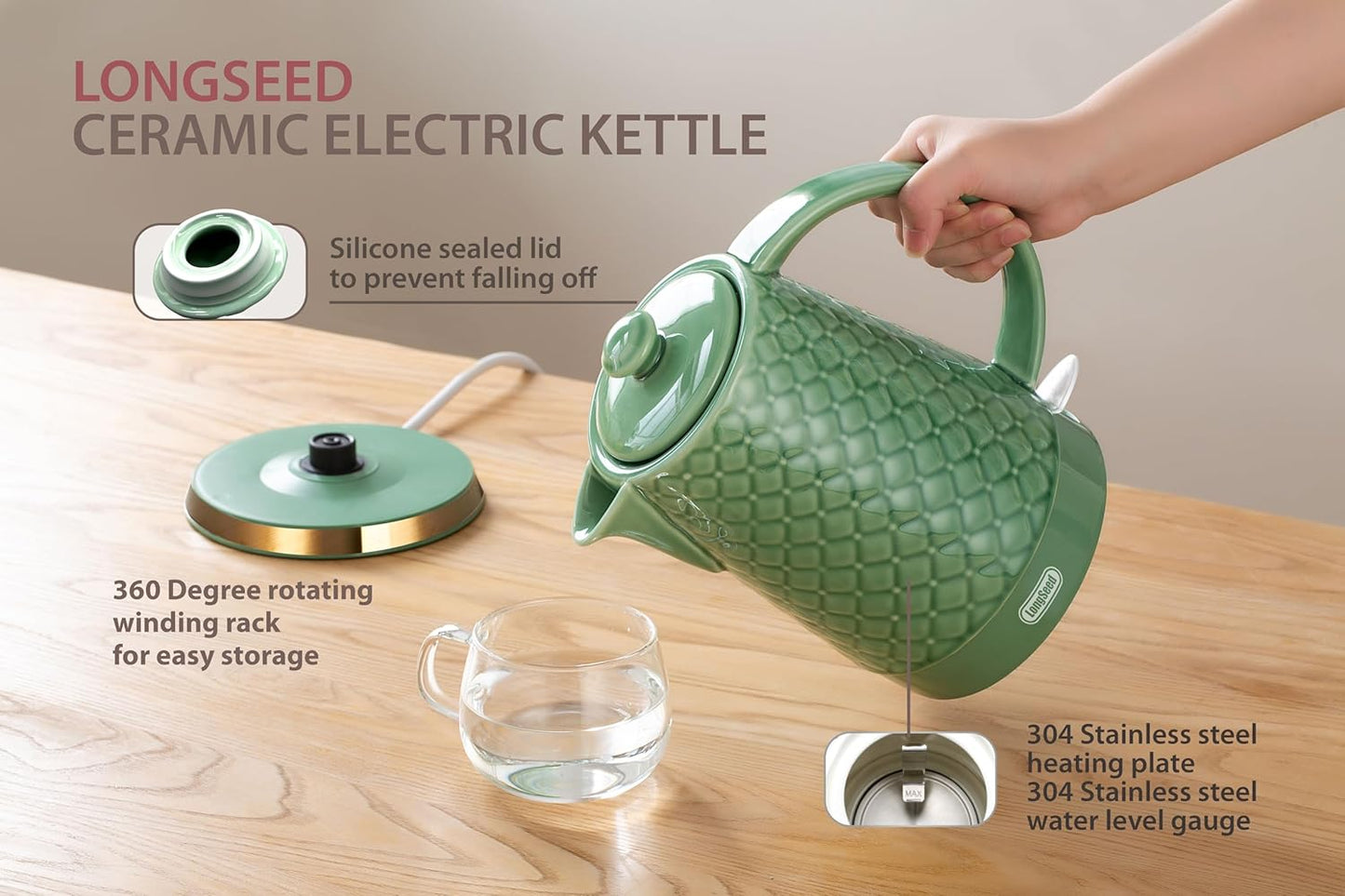 Ceramic Electric Kettle, 1.5L/1200W Boil Water Quickly and Easily with Boil-Dry Protection Auto Shut Off, Detachable Swivel Base, Green Relief Carving