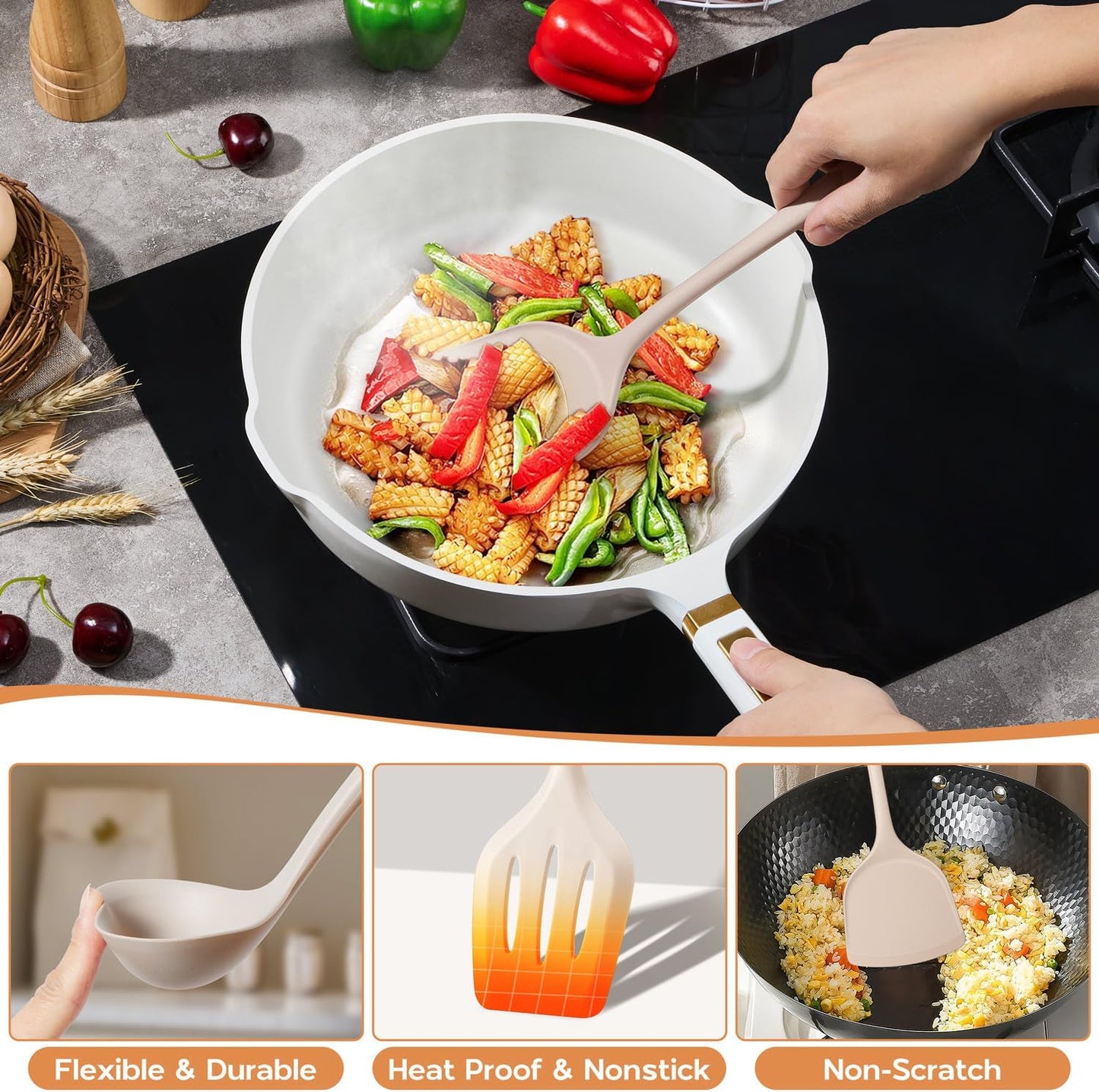 Onader Silicone Cooking Utensils Set of 10, Kitchen Utensils for Nonstick Cookware, Heat Resistant & Nontoxic Spatula Set- Khaki