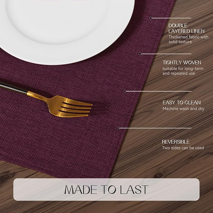 Romanstile Cloth Placemats Set of 6-12 x 18 Inch, Heat Resistant Double Layered Thickened Burlap Place Mats, Washable Linen Farmhouse Table Mats for Kitchen/Dining/Party/Outdoor, Purple