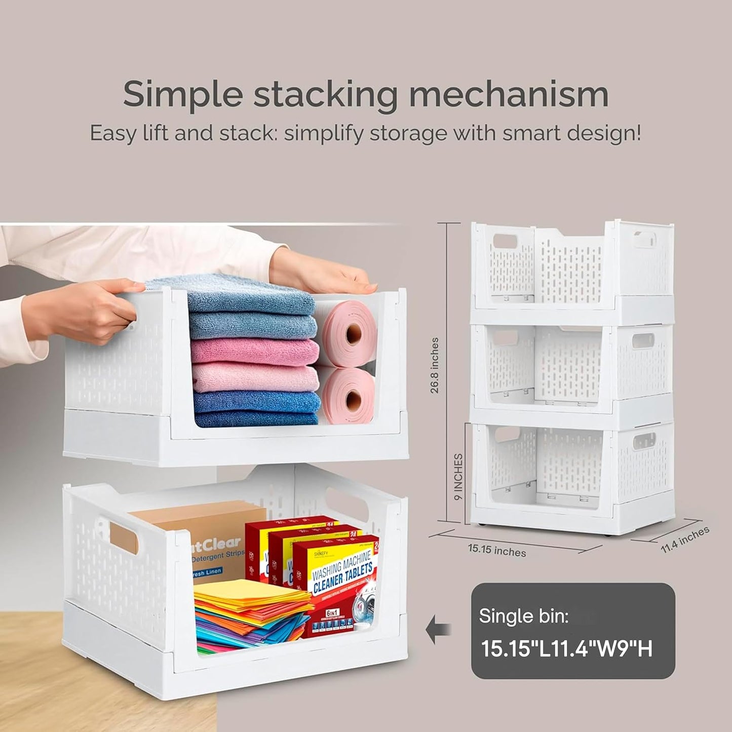 TidyFriend Stackable Storage Bins with Wheels, 3 Pack Foldable Storage Bins Box, Plastic Shelves Drawer Organizer Container for Closet Office Bedroom Kitchen Bathroom (Ivory)