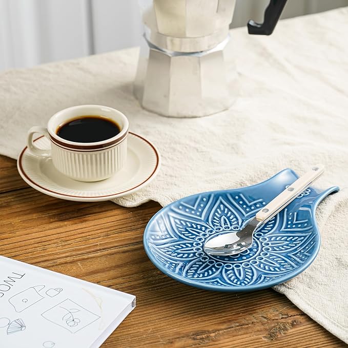 Ceramic Spoon Rest, 7.48 Inches Spoon Holder for Kitchen Counter, Kitchen Accessories, Dishwasher Safe, Dark Blue