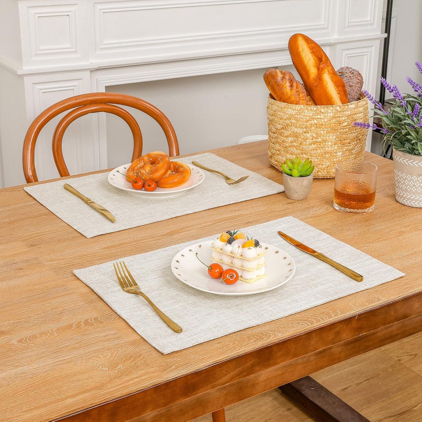 SHACOS Washable Cloth Placemats Set of 4, Double Layer Thick Non Slip Heat Resistant Place Mats, Stain Resistant Faux Linen Modern Farmhouse Table Mats, Ivory