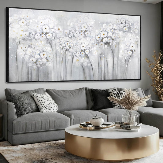 Flower Wood Wall Decor White Wall Art Textured Canvas Painting 32"x70" Decorative Pictures for Bedroom Kitchen Large Artwork