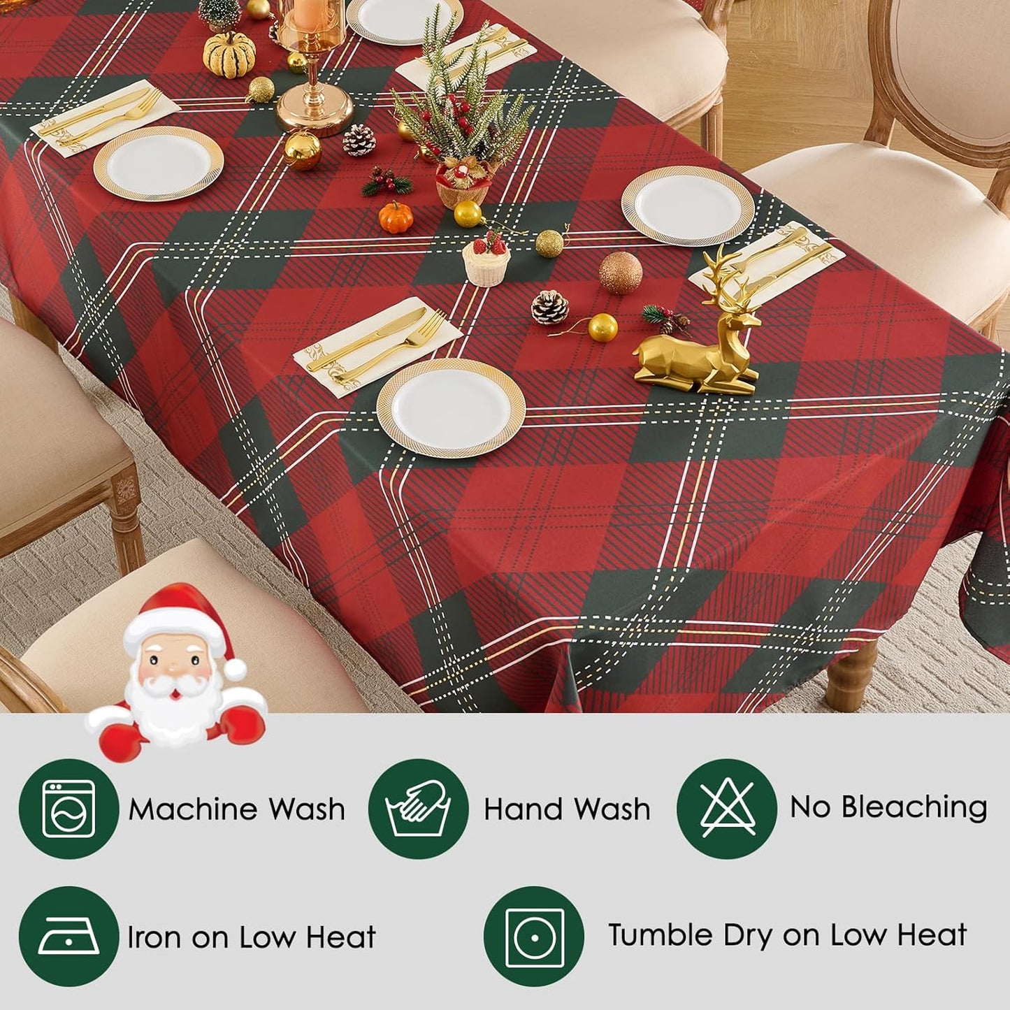 Christmas Tablecloth Rectangular 60x102 Inch Waterproof, Machine Washable Checkered Polyester Table Cover for Xmas Party, Winter Holiday Home Decoration in Festive Checkered Green 1pack