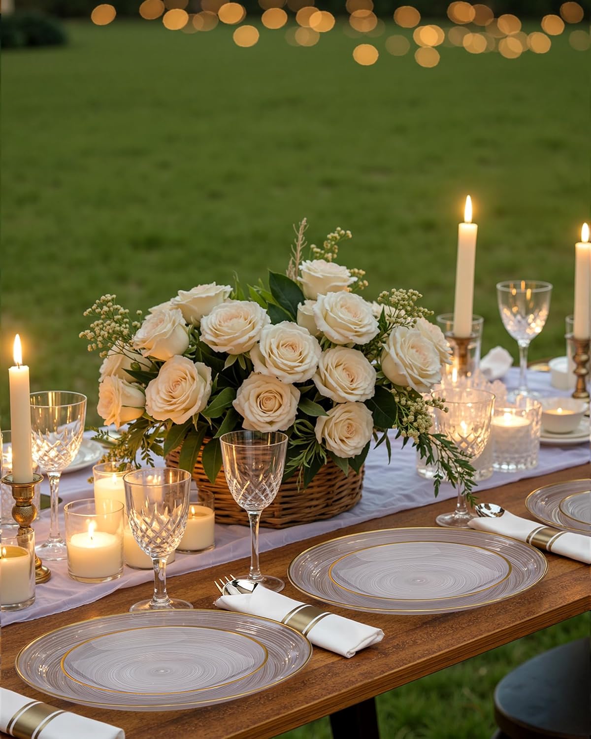 Morejoy 350PCS Clear Gold Plastic Plates - Disposable Gold Party Plates & Pre Rolled Napkins with Cutlery for 50 Guests, 100Plates, 150Silverware, 50Cups, 50Napkin for Party & Thanksgiving