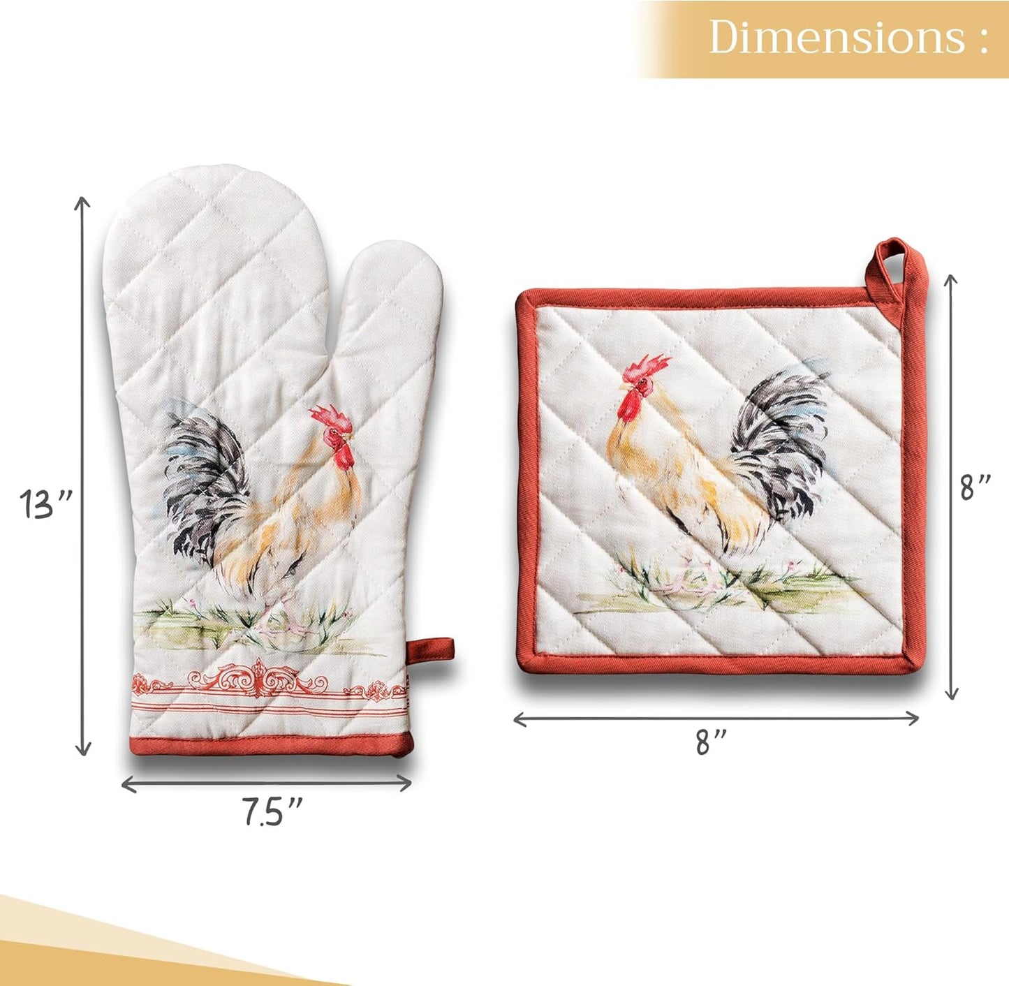 Maison d' Hermine 100% Cotton Oven Mitt & Pot Holder Set (7.5"x13" & 8"x8") Heat Resistant BBQ Cooking Gloves with Loop, Baking, Grilling, Kitchen, Handling Hot Pans Spring/Summer (Campagne)