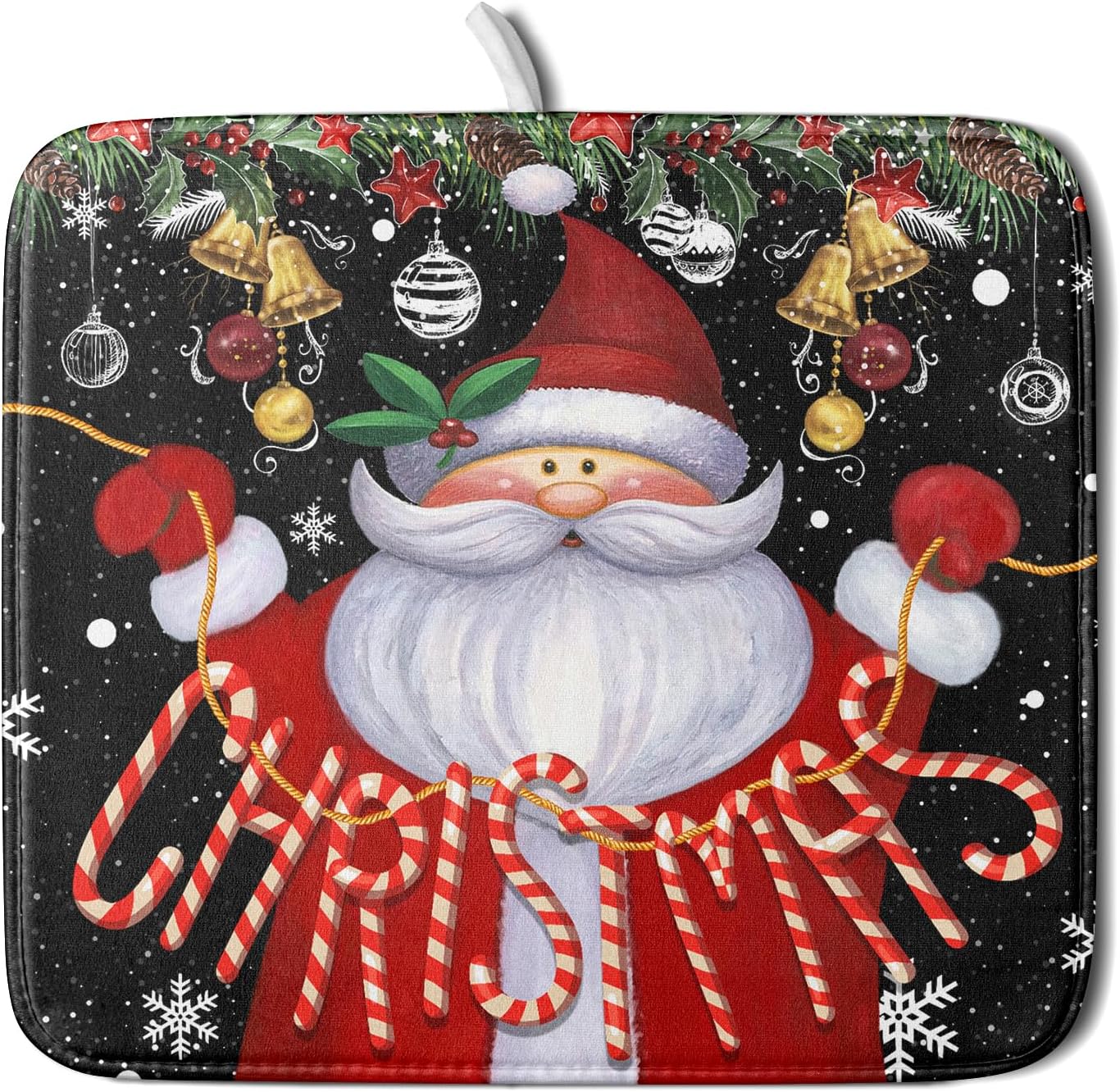 Christmas Dish Drying Mat for Kitchen Counter Santa Claus Winter Snowflake Xmas Jingle Bells Dishes Pad Dish Drainer Rack Mats Absorbent Fast Dry Kitchen Accessories,16 x 18 inch