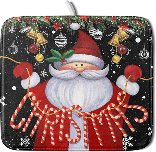 Christmas Dish Drying Mat for Kitchen Counter Santa Claus Winter Snowflake Xmas Jingle Bells Dishes Pad Dish Drainer Rack Mats Absorbent Fast Dry Kitchen Accessories,16 x 18 inch
