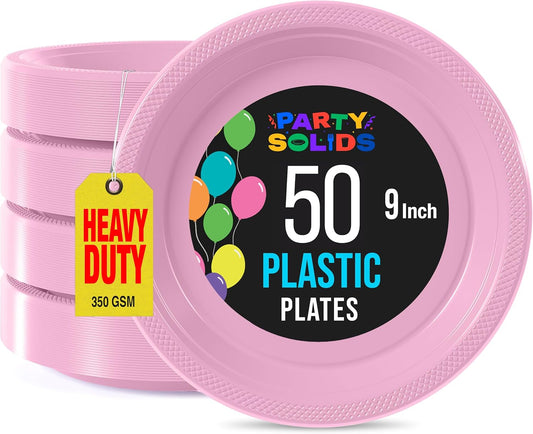 Exquisite Party Solids Pink Plastic Plates For Party Supplies 9" Pink Disposable Plates Heavy Duty 50 Pcs Plastic Dinnerware Sets Heavy Duty 350 GSM Disposable Dinnerware Set