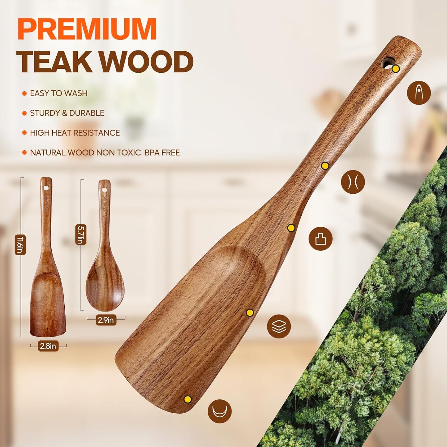 Wooden Spoons for Cooking, Wooden Utensils for Cooking Natural Teak Wooden Kitchen Utensils Set Comfort Grip(2 PCS)