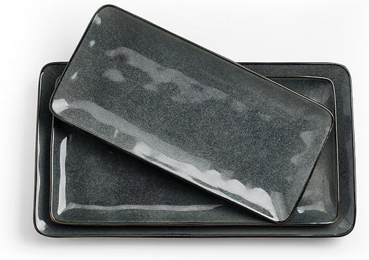 famiware Serving Platter, Rectangular 15.67/14.1/12.6inch Serving Dishes for Entertaining, Dishwasher Safe, Stoneware Serving Trays for Party, Food, Turkey, Snack, Cheese, Reactive Glaze, Deep Forest