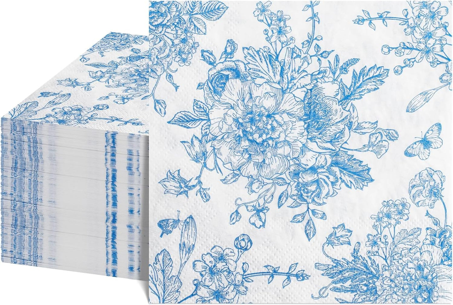 100 Pcs Blue Floral Napkins, Blue and White Decoupage Napkins Vintage Flower Butterfly Design Toile Napkin Cute Decorative Coastal Napkin for Wedding, Bridal Baby Shower,Tea Party, 5 x 5 Inch