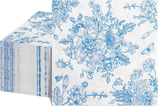 100 Pcs Blue Floral Napkins, Blue and White Decoupage Napkins Vintage Flower Butterfly Design Toile Napkin Cute Decorative Coastal Napkin for Wedding, Bridal Baby Shower,Tea Party, 5 x 5 Inch
