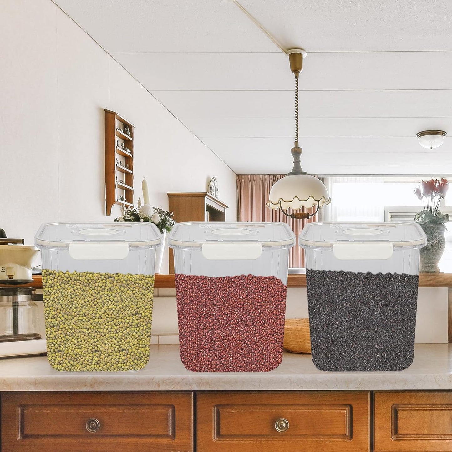 Plastic Clear Food Cereal Containers, 22Lbs Rice Cereal Container with Spoon for Kitchen Pantry Organization and Storage