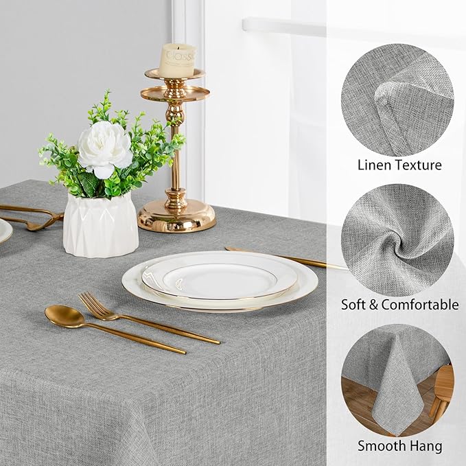 JIUZHEN 2 Pack Faux Linen Farmhouse Tablecloth Rectangular, Wrinkle Stain Resistant Table Cloth Rectangle Table Cover for Kitchen Dining, Light Grey, 60 x 140 Inch
