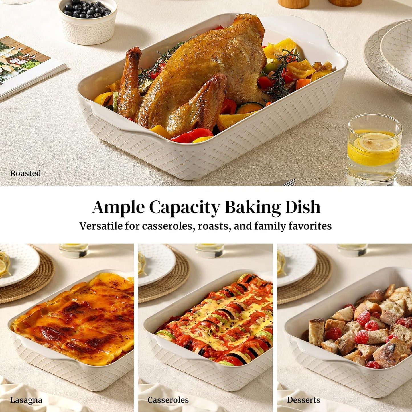 DOWAN 9x13 Deep Lasagna Baking Dish, Ceramic Casserole Dish for Oven, 4 Quarts Embossed Baking Pan with Handles, Oven Safe Bakeware for Roasting, Desserts, Durable & Giftable, Arctic White