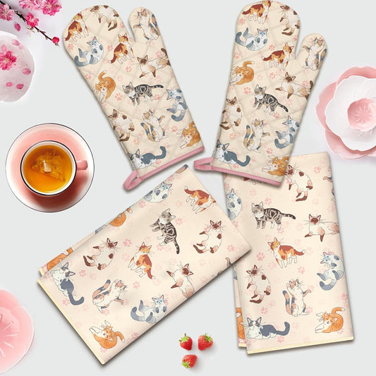 Cute Cat Kitchen Towels and Oven Mitts Set 4Pcs, Soft Absorbent Dish Cloth Heat Resistant Oven Gloves for Cooking Baking Kitchen Decoration, Gifts for Her