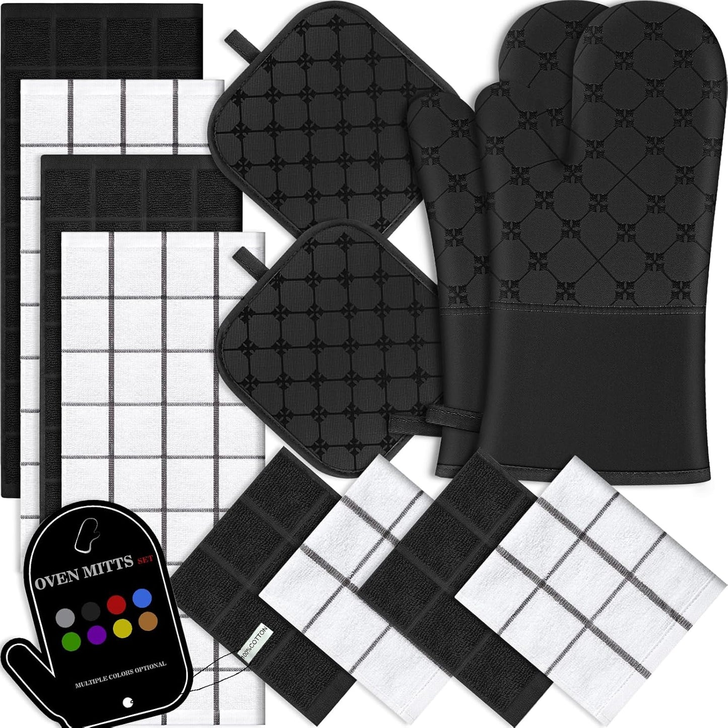 Oven Mitts Kitchen Towels Dishcloths with Pot Holders Sets 12PCS, Dish Towels Sets, Oven Gloves Pot Pads Heat Resistant 500 Degrees with Non-Slip Silicone Surface for Cooking Baking Grilling Black
