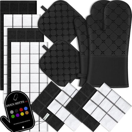 Oven Mitts Kitchen Towels Dishcloths with Pot Holders Sets 12PCS, Dish Towels Sets, Oven Gloves Pot Pads Heat Resistant 500 Degrees with Non-Slip Silicone Surface for Cooking Baking Grilling Black