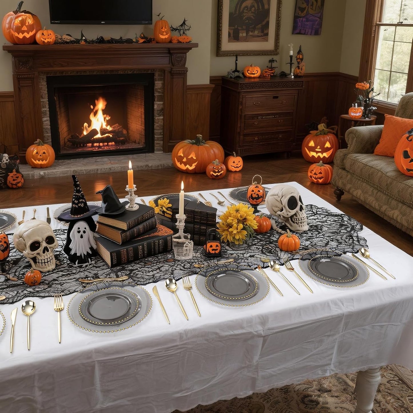 EI 60pcs Black and Gold Plastic Plates Clear with Black Disposable Plates Heavy Duty Gold Plastic Dinnerware Set For 30 Guests Perfect Wedding,Party,Birthday,Anniversary,Halloween