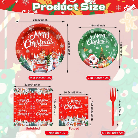 100 Pcs Christmas Tableware Party Supplies – Disposable Merry Christmas Dinnerware Set with Paper Plates, Napkins, and Utensils for Holiday Party, Winter Celebration – Serves 25