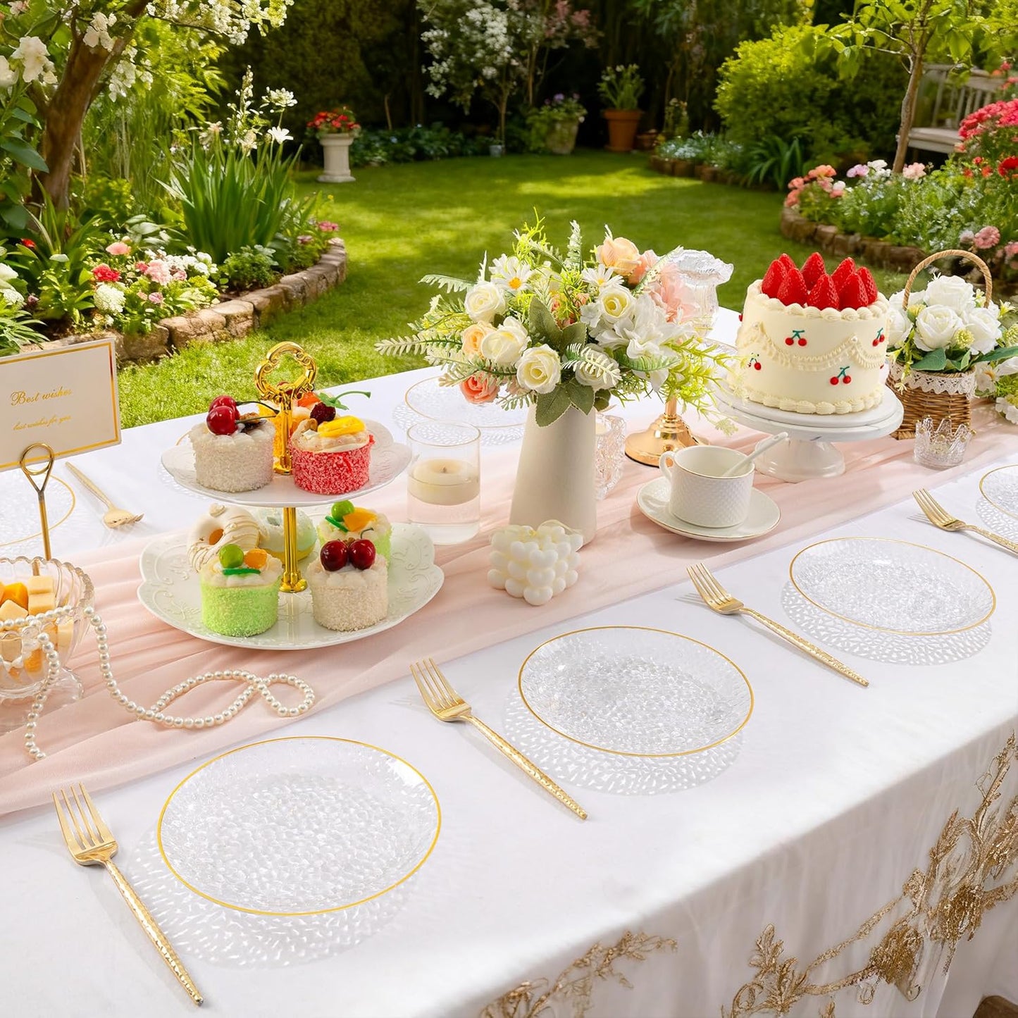 Rubtlamp 200 Pcs Clear Gold Dessert Plates 7" with Forks 7.6",Clear Plastic Hammered Platos, Dessert Plates Disposable, Heavy Duty Party Platos Include 100platos and 100forks for Party&Birthday