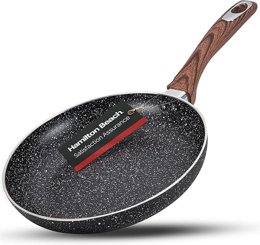 Hamilton Beach Fry Pan 10-Inch, Nonstick with Marble Coating, Wood like Soft Touch Handle, Non-Stick Granite Fry Pan Egg Pan Omelet Pans, Stone Cookware Chef's Pan, PFOA Free Induction Bottom