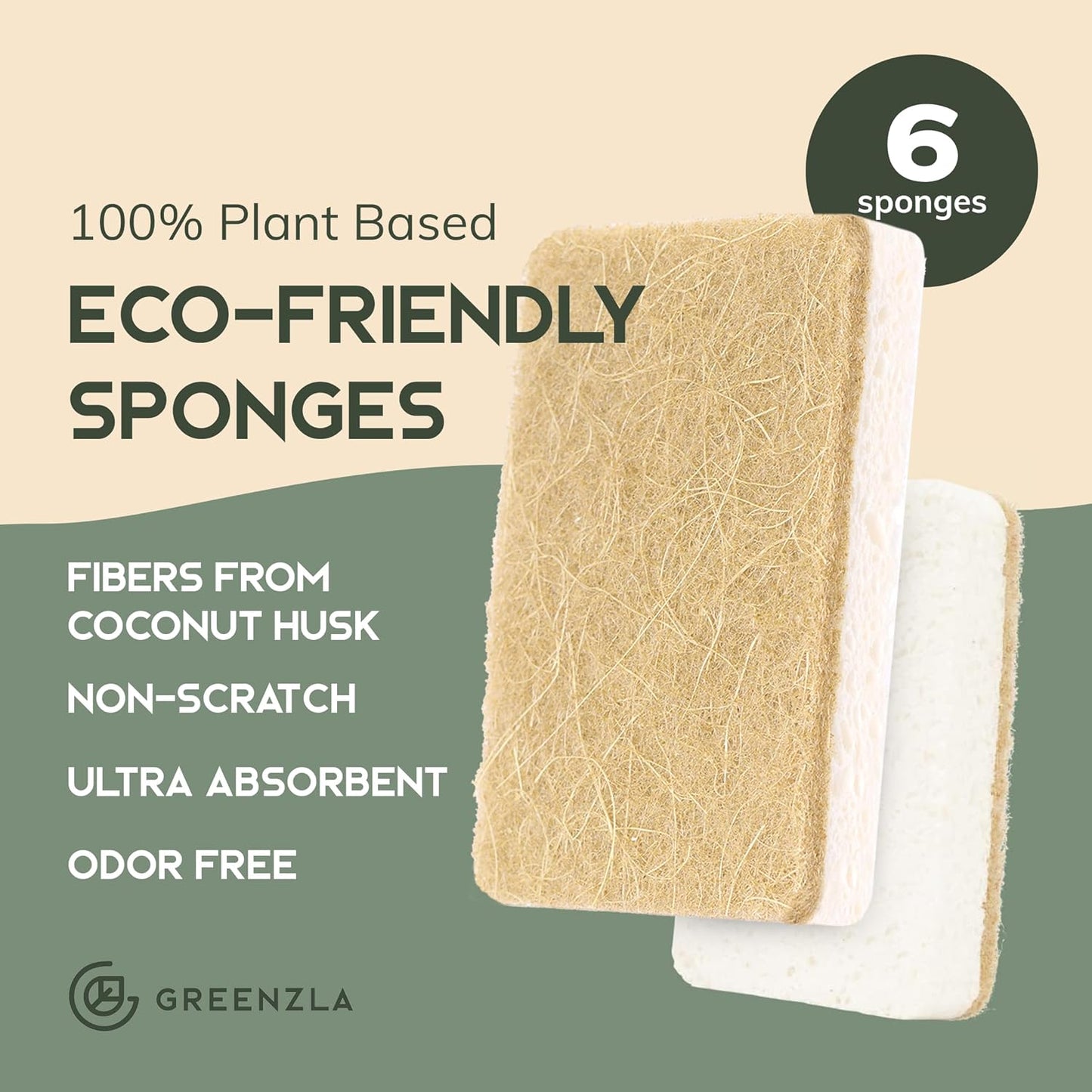 Greenzla Kitchen Sponges, Odor Free Plant-Based Dish Sponges, Non-Scratch Sisal Hemp Scouring Pads for Dishes, Countertops, Bathtubs, and Tiles, 6 Pack