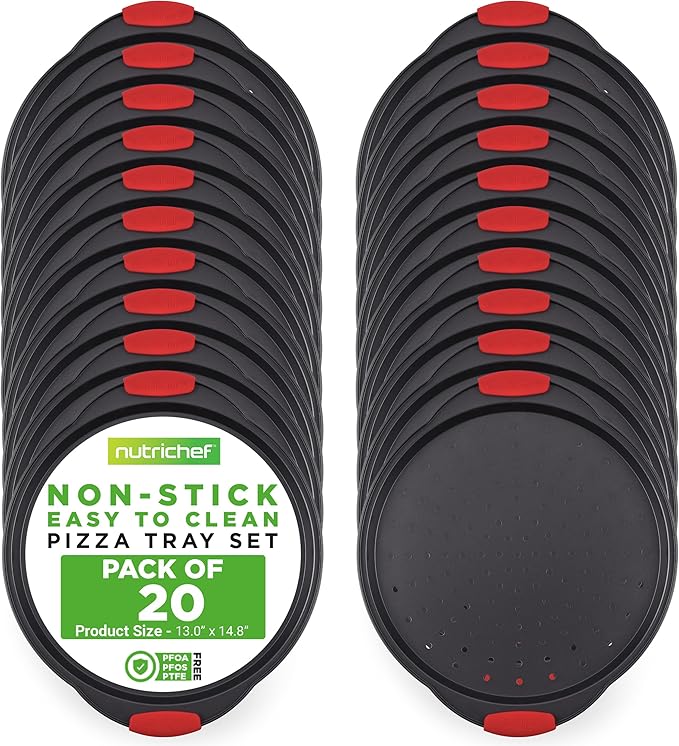 NutriChef 13-Inch Nonstick Pizza Tray Set of 20 Pcs- Carbon Steel Round Pan with Perforated Holes & Silicone Grip Handles - Dishwasher Safe Premium Bakeware