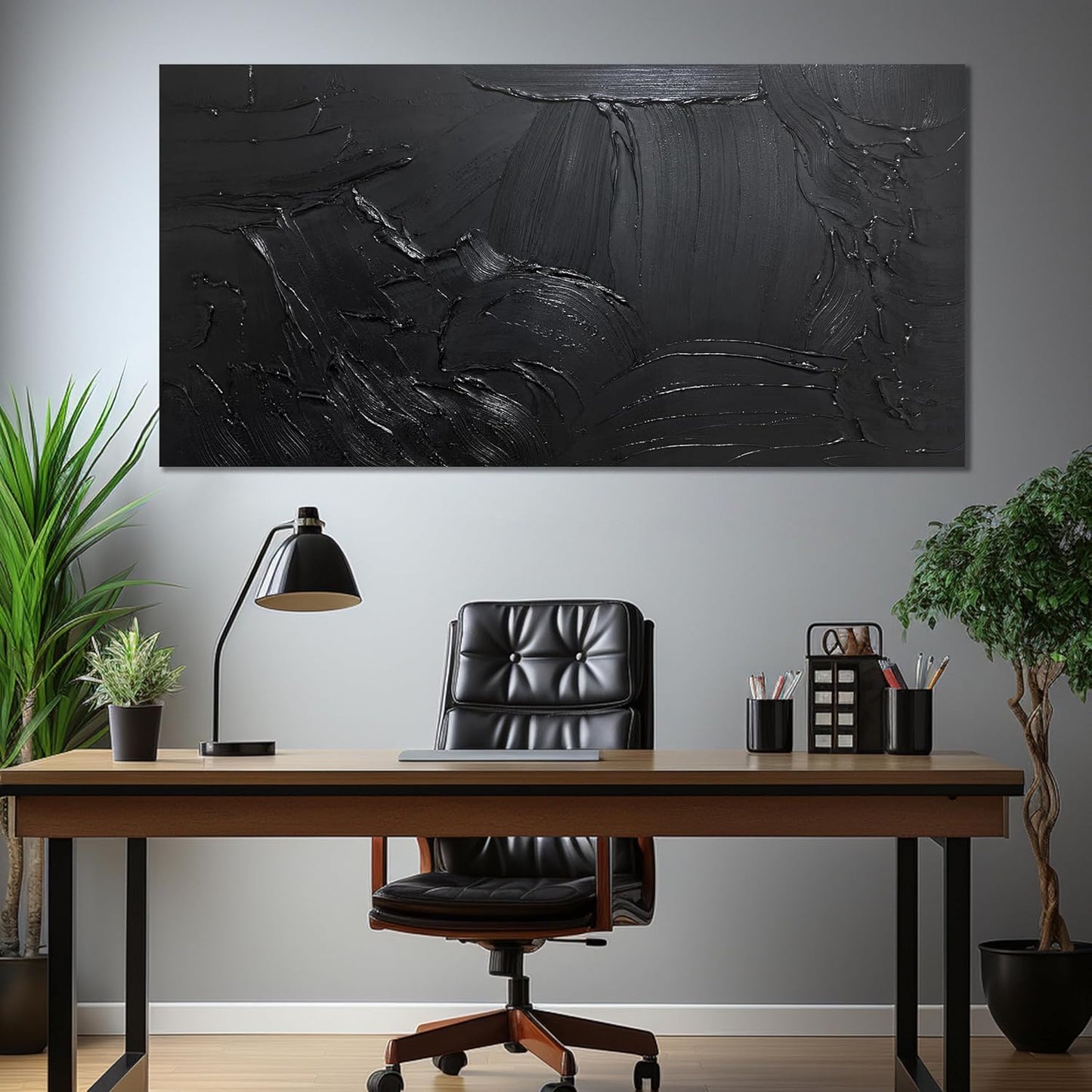 HUBOSKN Abstract Hand Painting Wall Art For Office - Black Huge Canvas Wall Decor For Living Room - Large Modern Wall Art For Bedroom Size 36 x 72 Inch