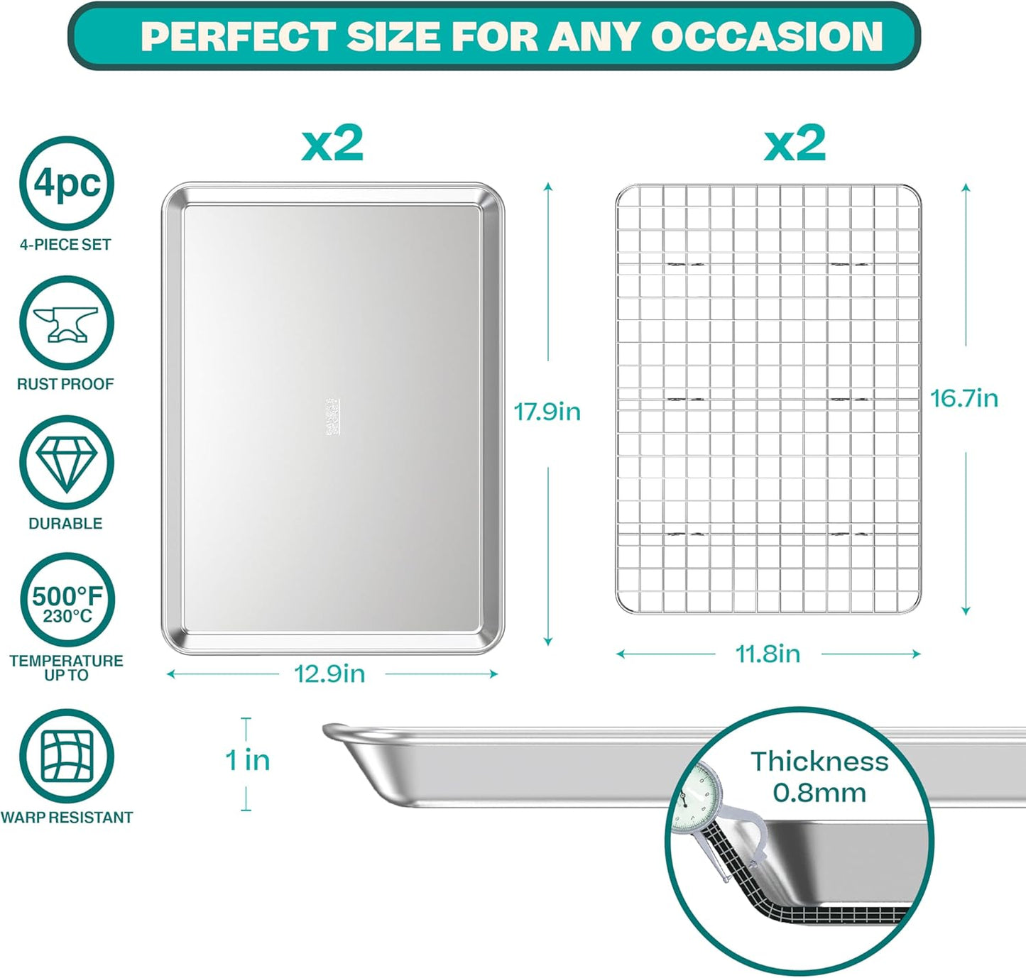 Baker's Secret 4pcs Set, 2x Baking Trays for Oven, 100% Recycled Aluminum, Non Toxic, Bakeware Set Cookie Sheet 13.6" with 2x Stainless Steel Rack Never Rust - The Natural Aluminum Collection