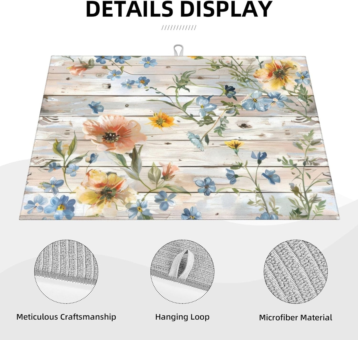 Flowers on Wooden Board Dish Drying Mat 18x24 Inch, Microfiber Absorbent Fast Dry Mat Floral Large Dish Mat Drying Kitchen Mat, Kitchen Drying Pad for Kitchen Counter Coffee Bar Decor Gifts