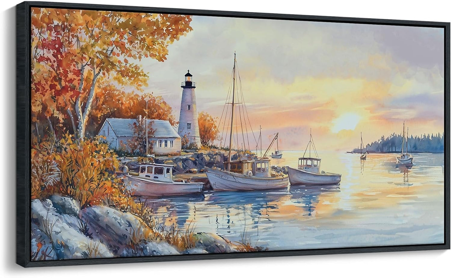 QZQCBLC Harbor Landscape Wall Art, Large Sunset Over the Sea Boat Gallery Pictures Artwork Modern Lighthouse Ocean View Paintings Framed for Living room Bedroom kitchen Home Office Decor 29x58 IN