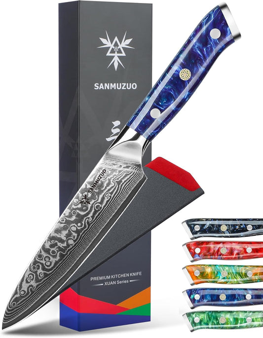 5 Inch Kitchen Utility Knife - Xuan Series - VG10 Damascus Steel Kitchen Knives - Resin Handle (Sapphire Blue)
