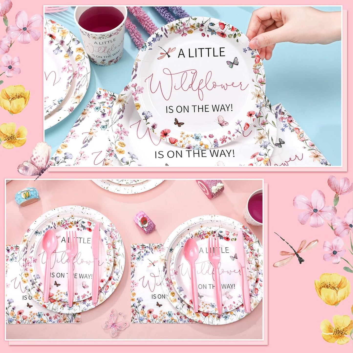 Dandat 350 Pcs Baby Shower Plates Set Baby Shower Party Supplies Serves 50 Tableware Sets Include Plates Napkin Cup Forks Knives Spoons Disposable Dinnerware(Wildflower,Pink)