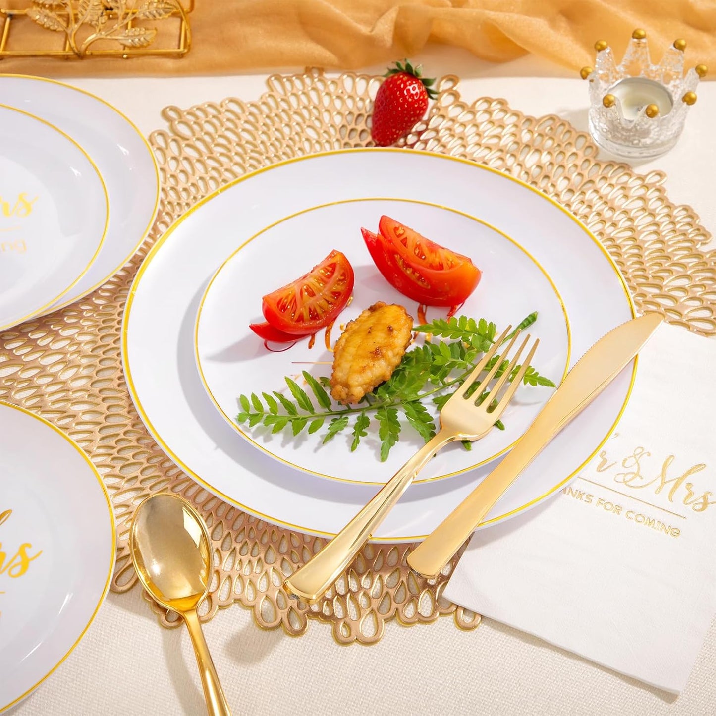I00000 Mr and Mrs Wedding Plastic Plates and Napkins Set,Bridal Shower Plates Set for 25 Guests Include 25 Dinner Platos,25 Dessert Platos,25 Cups,25 Napkins,25 Gold Cutlery for Engagement Party Decor