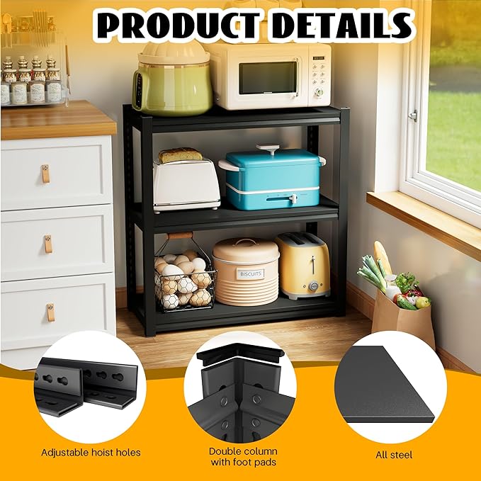1500 LBS Heavy Duty Black Steel 3-Tier Kitchen Organizer - Waterproof, Adjustable, Multi-Functional Microwave/Oven Rack, Black