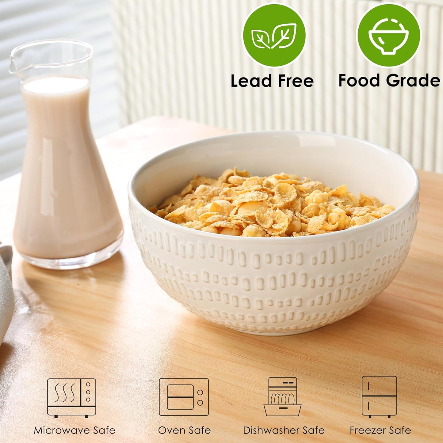 24 OZ Large Soup Bowls Set of 4, Farmhouse Embossment Ceramic Cereal Bowls for Salad, Serving, Fruit, Snack, Noodle, Ramen, Pho, Microwave & Dishwasher Safe, 6 Inch White