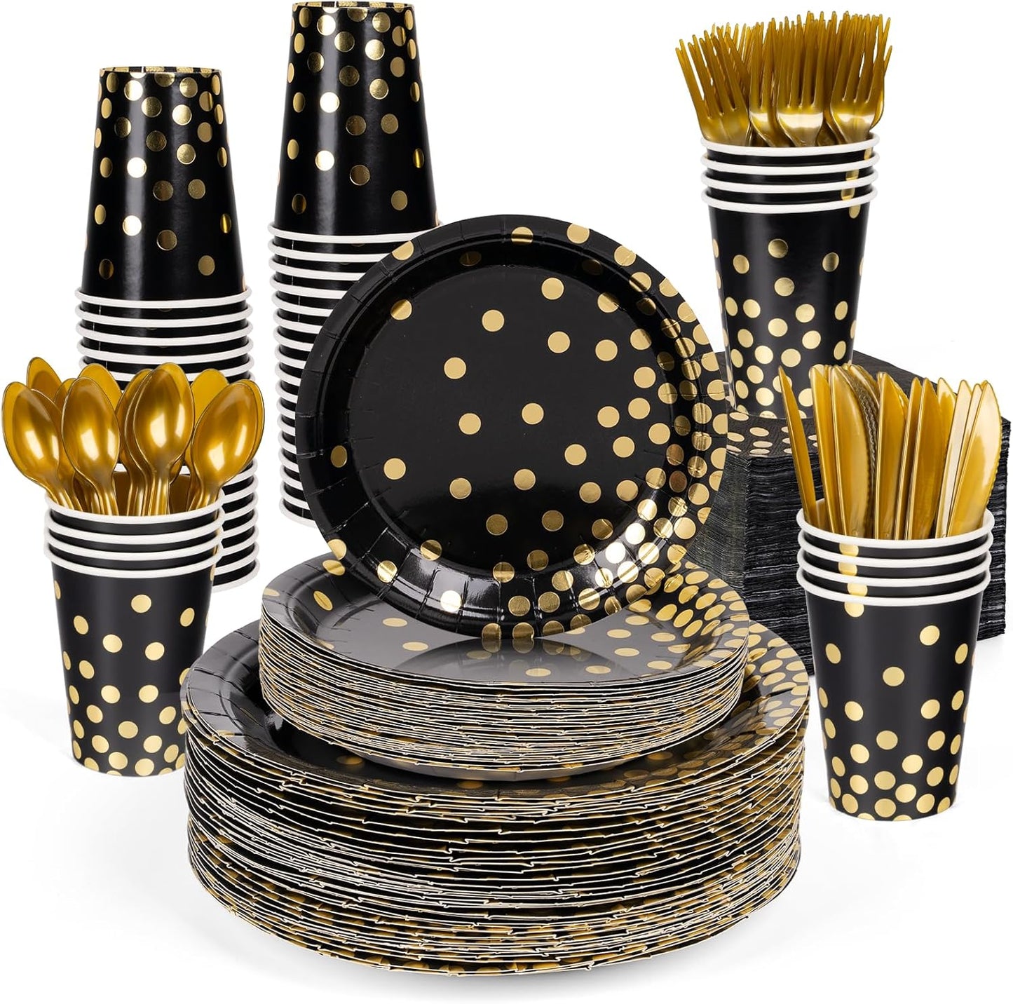 DECORLIFE 336PCS Black and Gold Disposable Dinnerware Set Serves 48, Black Paper Plates Napkins Cups, Gold Plastic Forks Spoons Knives for Graduation New Year Party Supplies