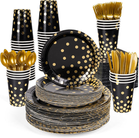 DECORLIFE 336PCS Black and Gold Disposable Dinnerware Set Serves 48, Black Paper Plates Napkins Cups, Gold Plastic Forks Spoons Knives for Graduation New Year Party Supplies