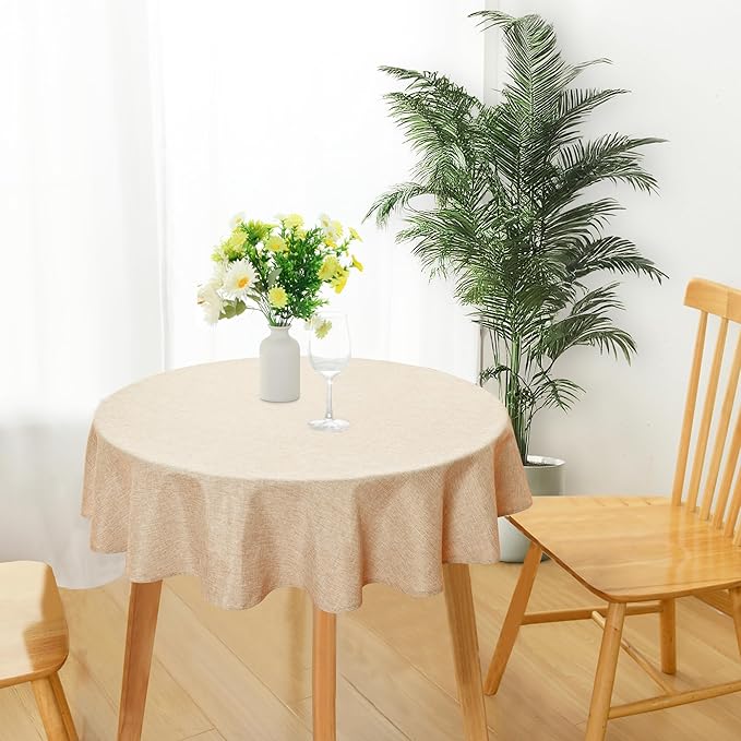 JIUZHEN Round Textured Table Cloth Linen Wrinkle Free Stain Resistant Farmhouse Decorative Circular Tablecloth for Kitchen, Dining, Party, Wedding, Outdoor Use (45 Inch Round,Beige)