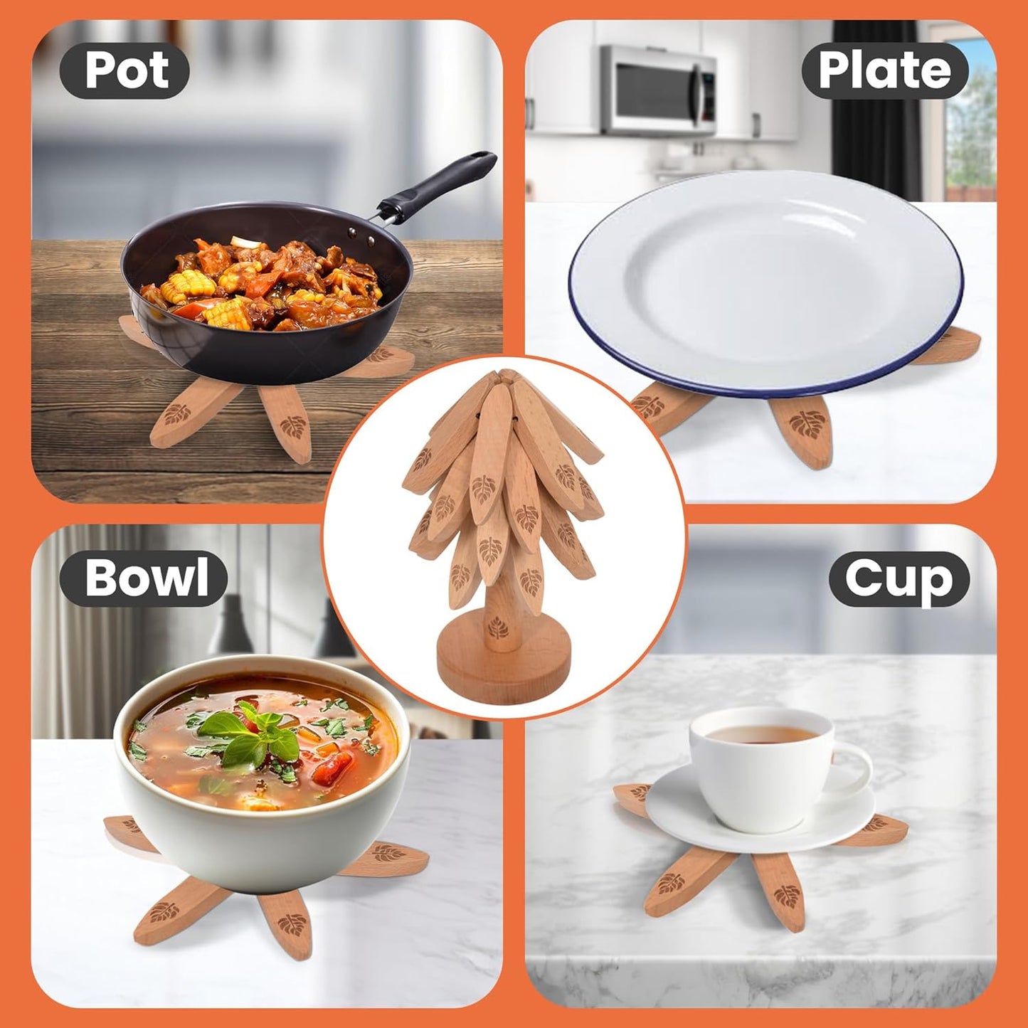 Expandable Wooden Trivets & Coaster Set for Hot Dishes Tree-Shaped Trivet Set – 4 Expanding Trivets + 1 Stand – Heat-Resistant Kitchen Decor for Pots, Bowls, Coffee & Teapots (Beech Wood)