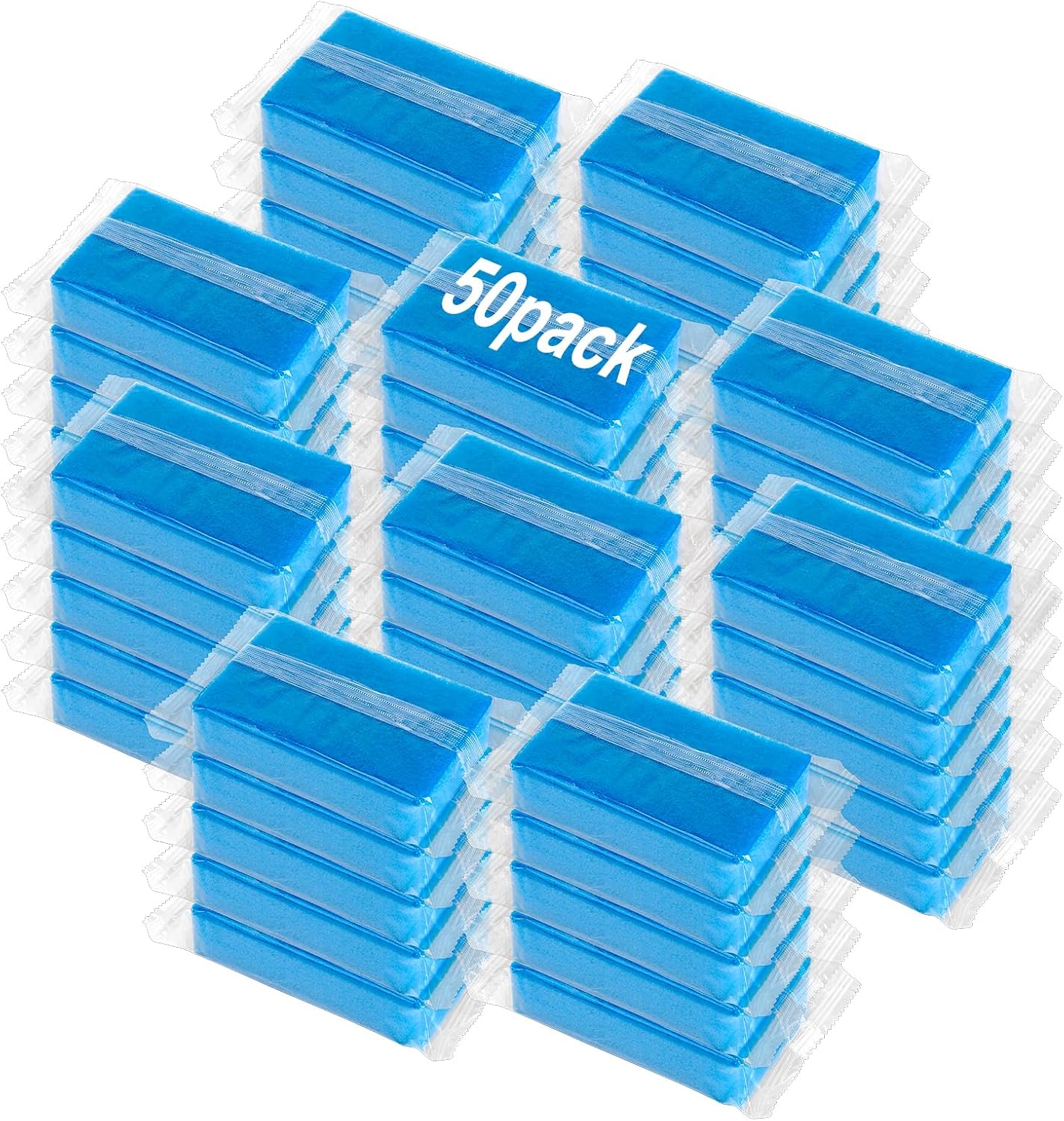 50 Pcs Individually Wrapped Sponges, Uncompressed Non Scratch Scrouing Sponges for Household Cleaning Dishes Kitchen Airbnb Apartment Car Bike Blue