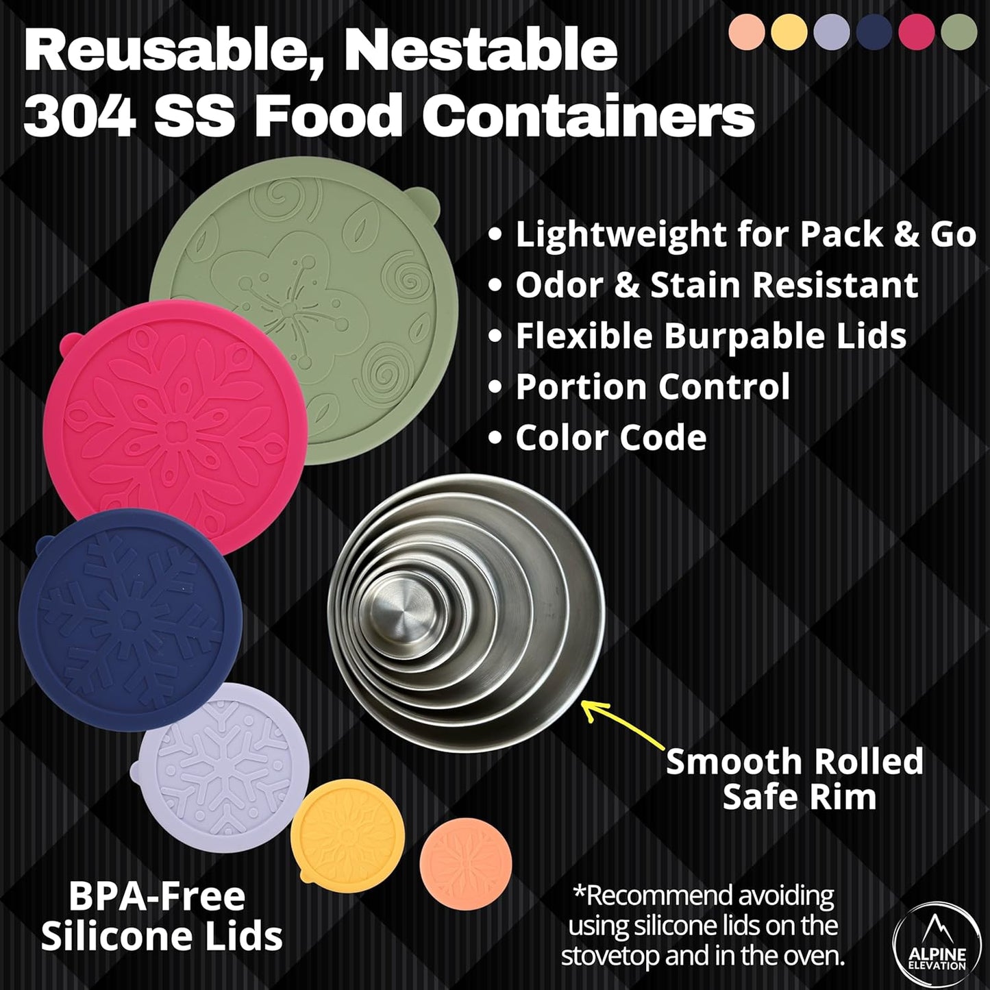 12 Pcs - 6 Stainless Steel Containers + 6 Silicone Lids | 304 Stainless Steel Snack Container | Nesting Snack and Dip Containers | Metal Food Storage