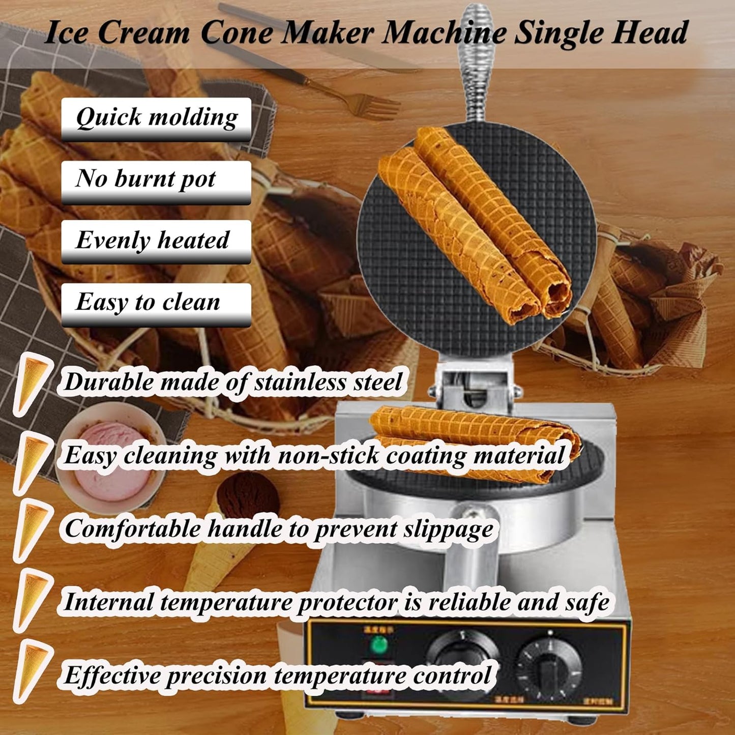 Ice Cream Cone Maker Electric Ice Cream Cone Waffle Maker Machine Nonstick Ice Cream Waffle Roll Maker Stainless Steel Egg Roll Maker Waffle Cone Machine Time Control Single Head 110V