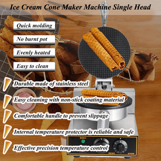 Ice Cream Cone Maker Electric Ice Cream Cone Waffle Maker Machine Nonstick Ice Cream Waffle Roll Maker Stainless Steel Egg Roll Maker Waffle Cone Machine Time Control Single Head 110V