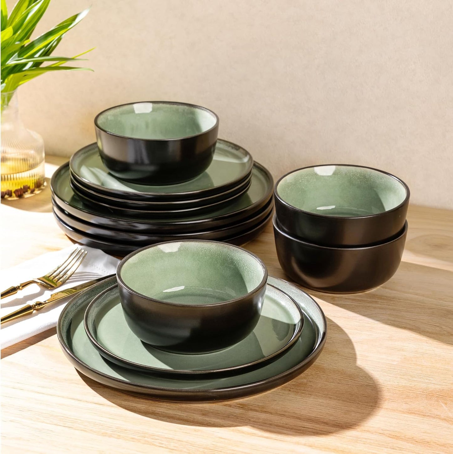 AmorArc Stoneware Dinnerware Sets,Round Reactive Glaze Plates and Bowls Set,Highly Chip and Crack Resistant | Dishwasher & Microwave Safe Dishes Set,Service for 4 (12pc)