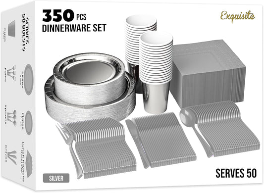 Exquisite 350 Pcs Silver Paper Plates For Party, Silver Disposable Plates Set, 50 Of Each 9" Dinner Plate Set, 7" Dessert Plate, Cups, Napkins & Cutlery Paper Dinnerware