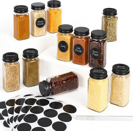 12Pcs Spice Jars with Label, 4oz Empty Square Seasoning Containers, Spice Jars with Shaker Lids, Small Spice Bottles for Salt, Herbs, Sugar, Pepper, Seasoning Jars for Spice Rack, Cabinet, or Drawer