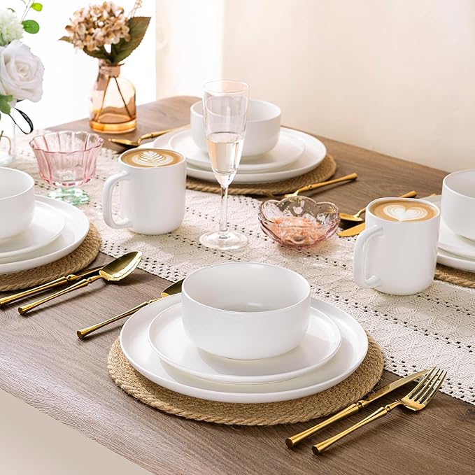 LERATIO Stoneware Dinnerware Sets for 4,Handcarft Ceramic Plates and Bowls Sets,Chip and Scratch Resistant Dishes, Dishwasher & Microwave Safe, Oven safe,Reactive Glaze-White